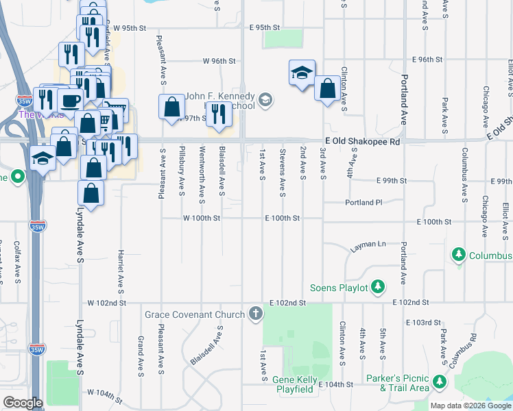 map of restaurants, bars, coffee shops, grocery stores, and more near 9916 1st Avenue South in Minneapolis