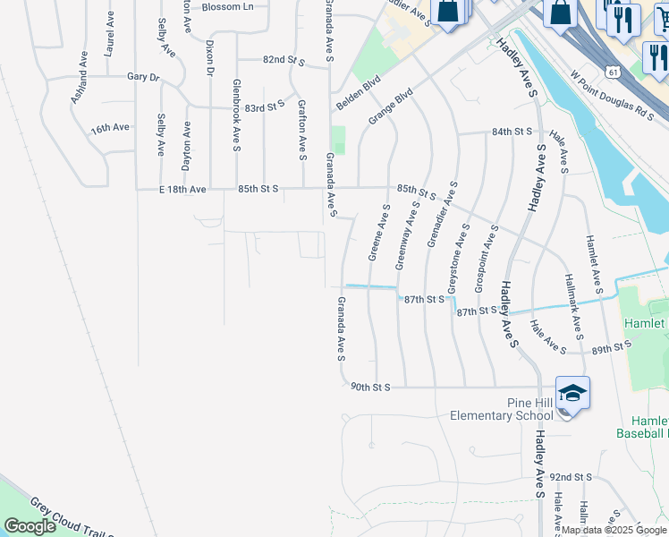 map of restaurants, bars, coffee shops, grocery stores, and more near 8718 Granada Avenue South in Cottage Grove