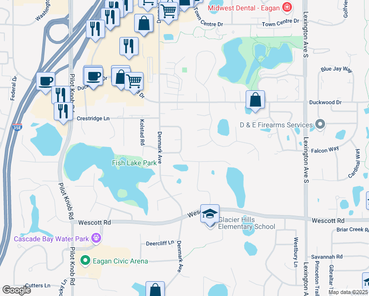 map of restaurants, bars, coffee shops, grocery stores, and more near 1195 Timbershore Lane in Eagan