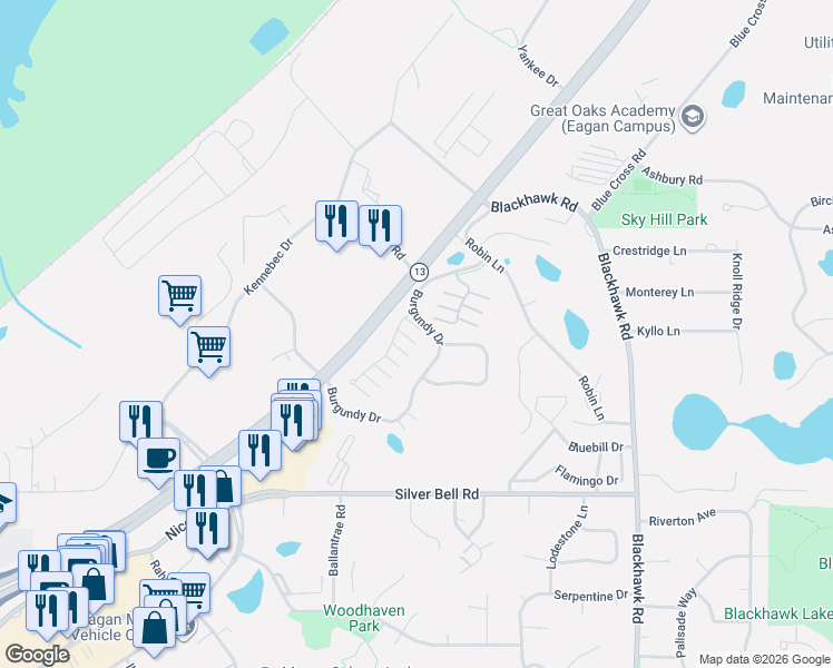 map of restaurants, bars, coffee shops, grocery stores, and more near 3705 Burgundy Drive in Eagan