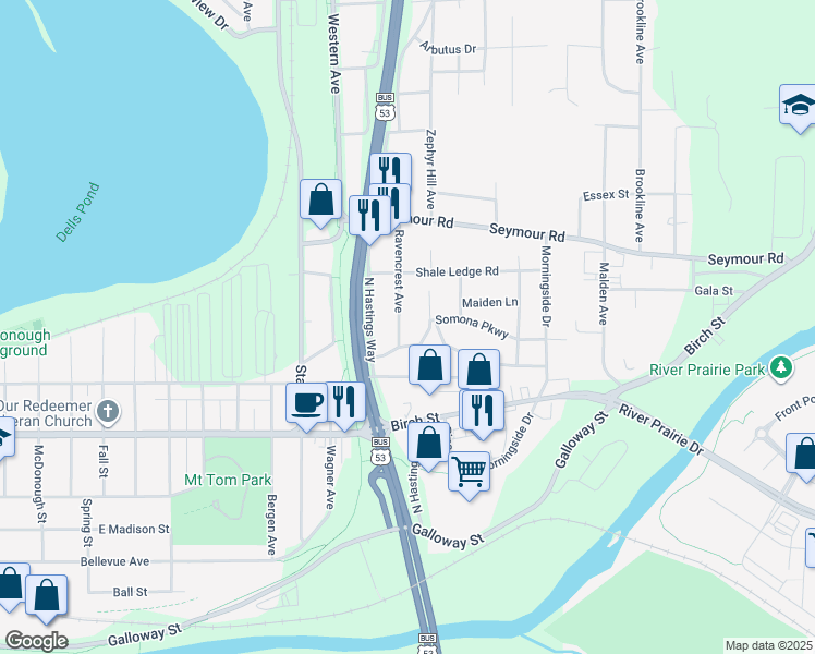 map of restaurants, bars, coffee shops, grocery stores, and more near 2504 Somona Parkway in Eau Claire