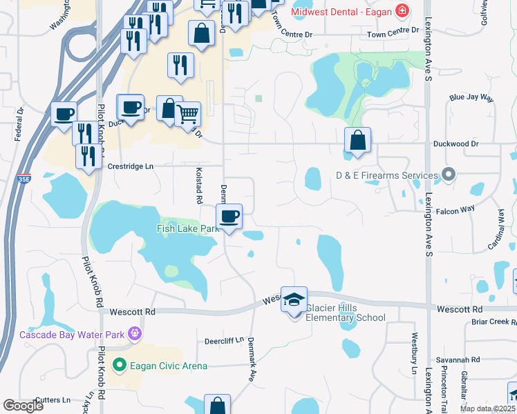 map of restaurants, bars, coffee shops, grocery stores, and more near 1195 Timbershore Lane in Eagan