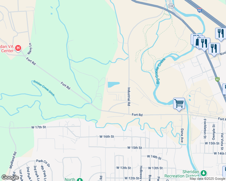 map of restaurants, bars, coffee shops, grocery stores, and more near 2264 Industrial Road in Sheridan