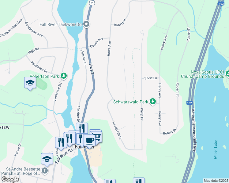 map of restaurants, bars, coffee shops, grocery stores, and more near 252 Howe Avenue in Fall River