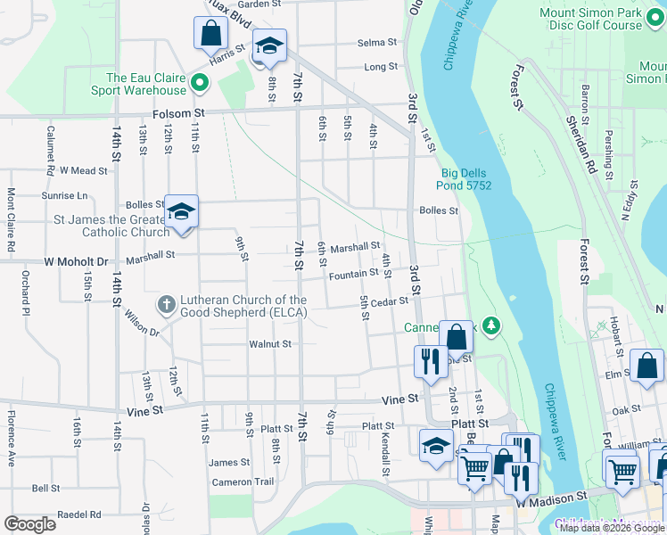 map of restaurants, bars, coffee shops, grocery stores, and more near 529 Fountain Street in Eau Claire