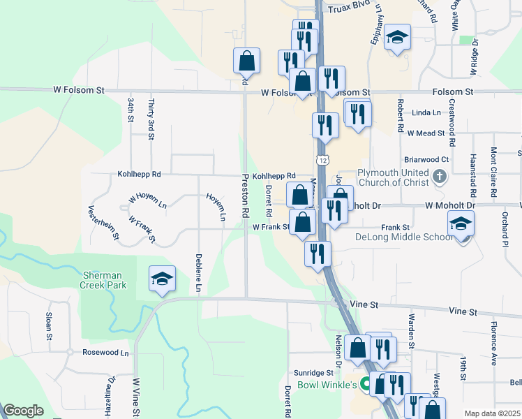 map of restaurants, bars, coffee shops, grocery stores, and more near 2308 Dorret Road in Eau Claire