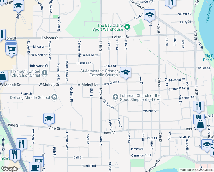 map of restaurants, bars, coffee shops, grocery stores, and more near 2417 13th Street in Eau Claire