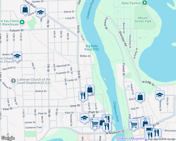 map of restaurants, bars, coffee shops, grocery stores, and more near 2300 1st Street in Eau Claire
