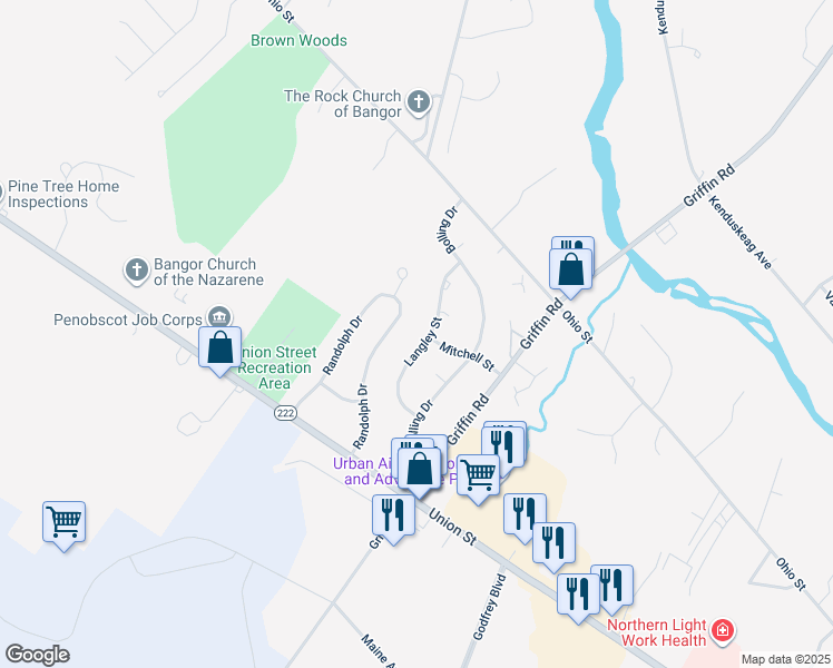 map of restaurants, bars, coffee shops, grocery stores, and more near 63 Langley Street in Bangor