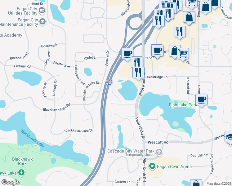 map of restaurants, bars, coffee shops, grocery stores, and more near 1473 Englert Road in Eagan