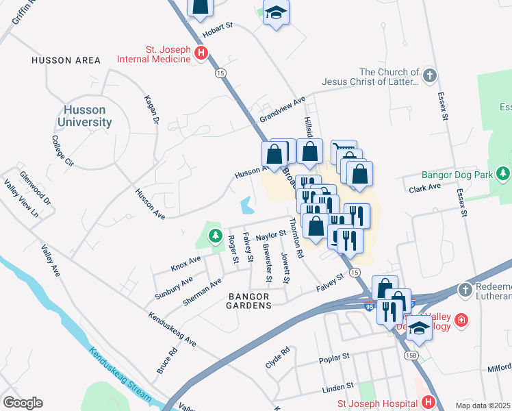 map of restaurants, bars, coffee shops, grocery stores, and more near 323 Husson Avenue in Bangor