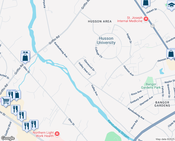 map of restaurants, bars, coffee shops, grocery stores, and more near 100 Glenwood Drive in Bangor