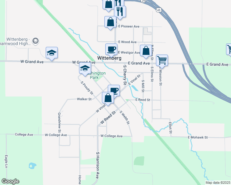 map of restaurants, bars, coffee shops, grocery stores, and more near 403 Howard Street in Wittenberg
