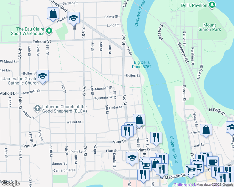 map of restaurants, bars, coffee shops, grocery stores, and more near 2433 4th Street in Eau Claire