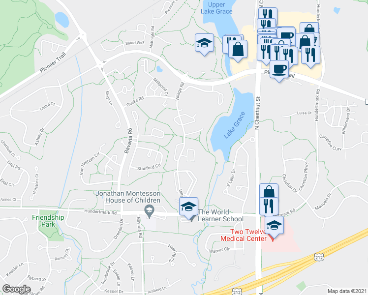 map of restaurants, bars, coffee shops, grocery stores, and more near 111250 Village Road in Chaska