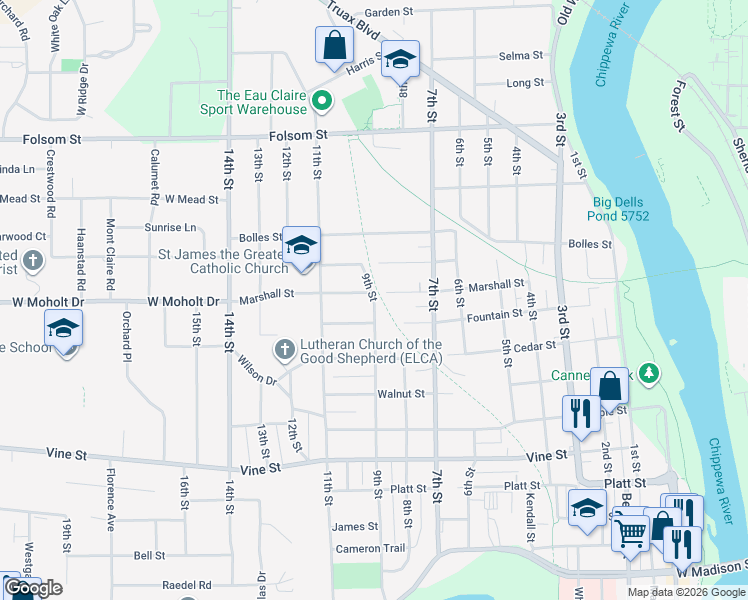 map of restaurants, bars, coffee shops, grocery stores, and more near 2499 9th Street in Eau Claire