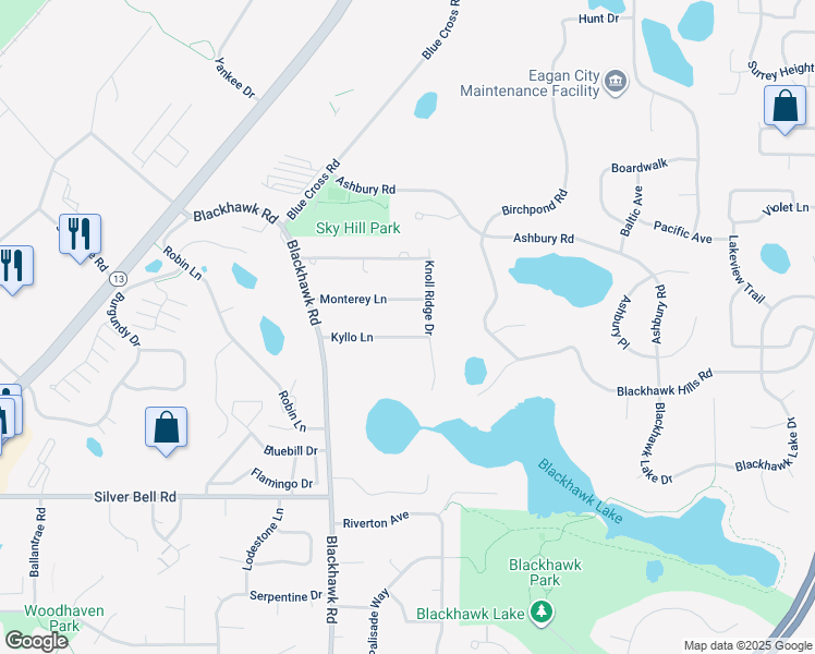 map of restaurants, bars, coffee shops, grocery stores, and more near 1720 Monterey Lane in Eagan