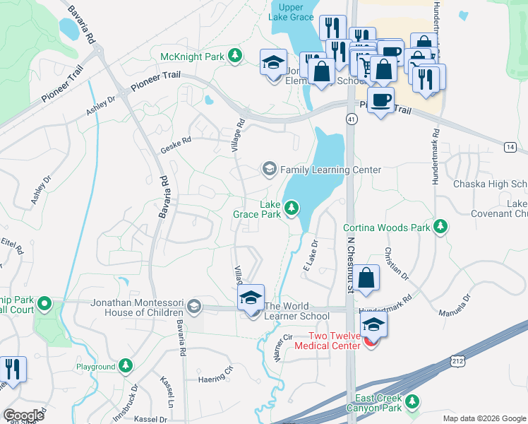 map of restaurants, bars, coffee shops, grocery stores, and more near 1108 Village Road in Chaska