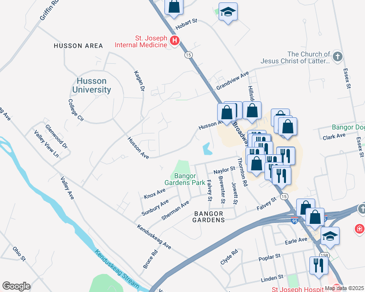 map of restaurants, bars, coffee shops, grocery stores, and more near 302 Husson Avenue in Bangor