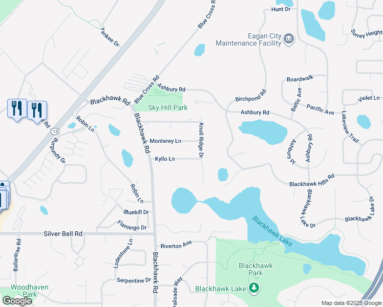 map of restaurants, bars, coffee shops, grocery stores, and more near 1720 Monterey Lane in Eagan