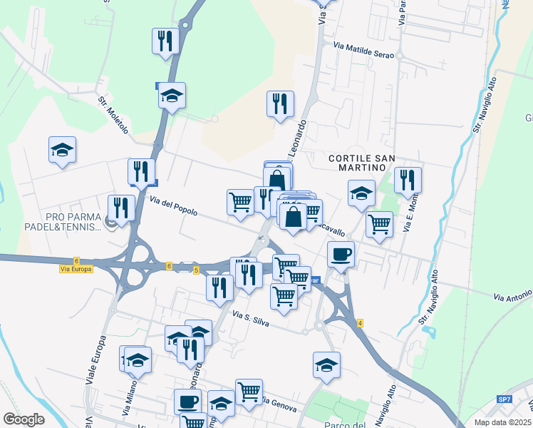 map of restaurants, bars, coffee shops, grocery stores, and more near 96 A Via San Leonardo in Parma