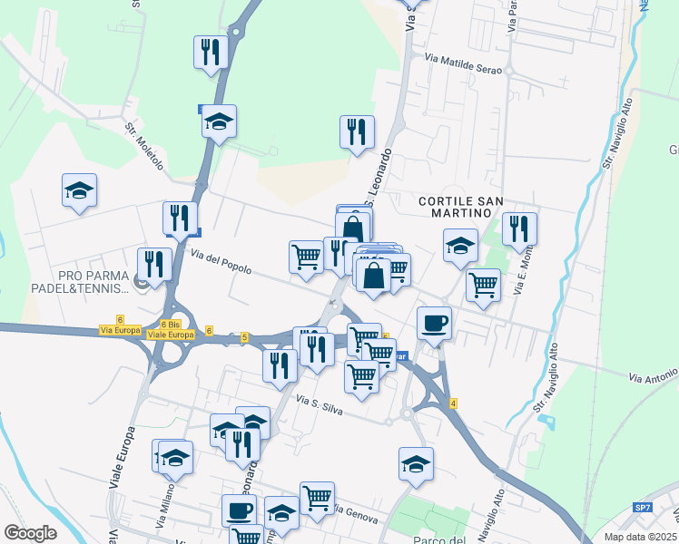 map of restaurants, bars, coffee shops, grocery stores, and more near 96 A Via San Leonardo in Parma