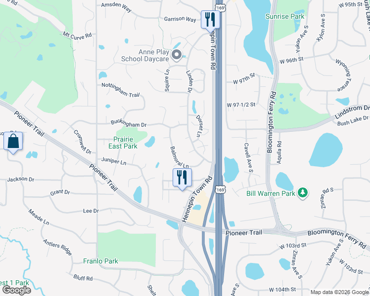 map of restaurants, bars, coffee shops, grocery stores, and more near 9774 Dorset Lane in Eden Prairie