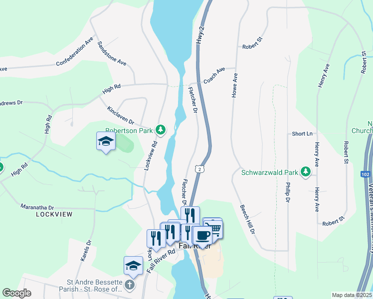 map of restaurants, bars, coffee shops, grocery stores, and more near 60 Fletcher Drive in Fall River