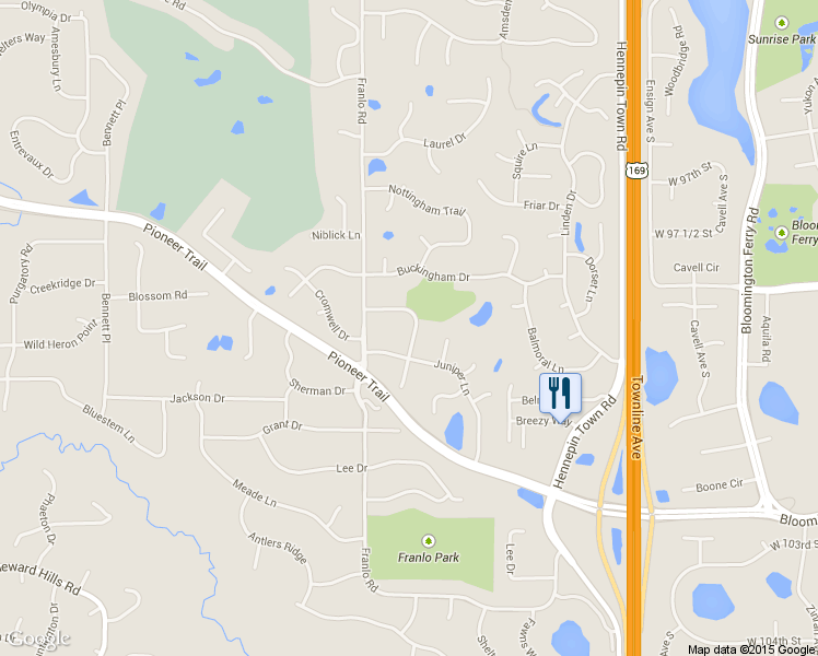 map of restaurants, bars, coffee shops, grocery stores, and more near 10365 Balsam Lane in Eden Prairie