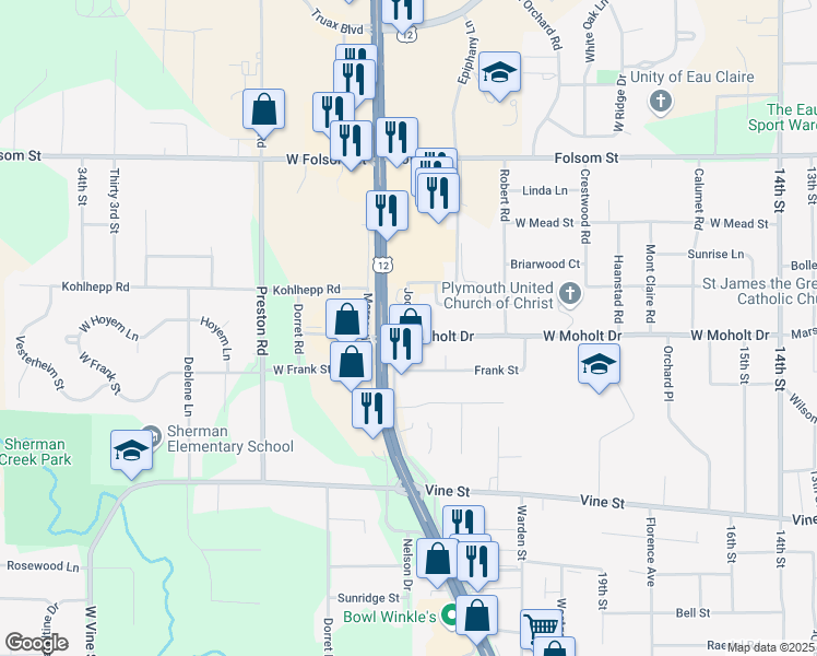 map of restaurants, bars, coffee shops, grocery stores, and more near 2415 Jodi Drive in Eau Claire