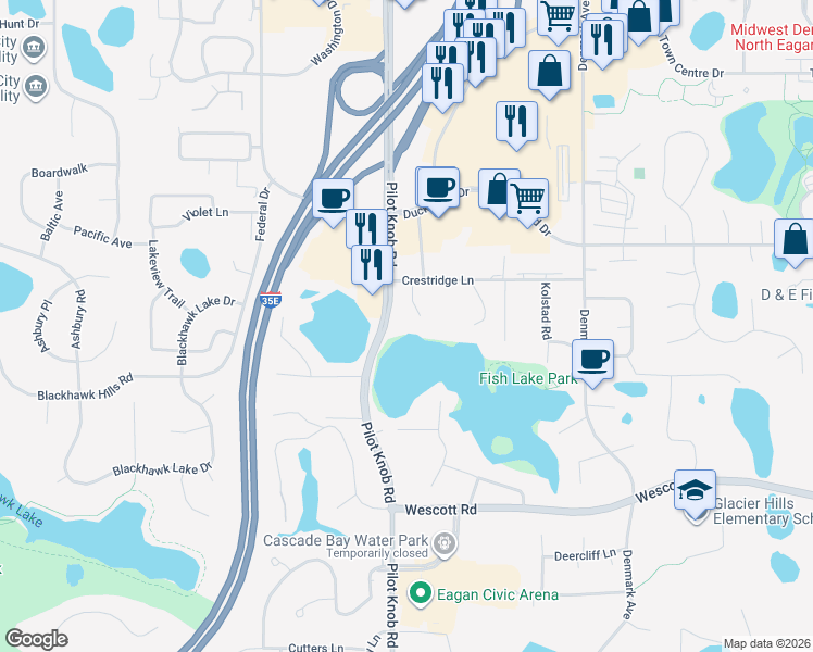 map of restaurants, bars, coffee shops, grocery stores, and more near 3647 Crestridge Court in Eagan