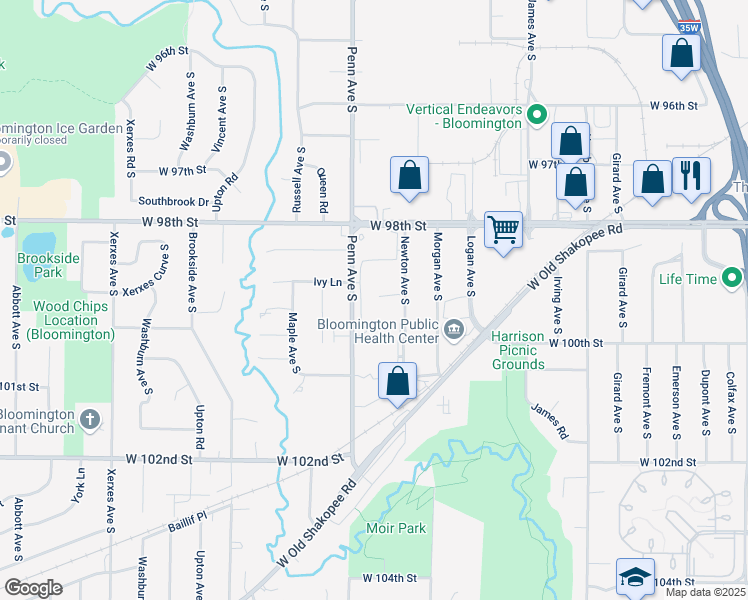 map of restaurants, bars, coffee shops, grocery stores, and more near 9900 Newton Avenue South in Minneapolis