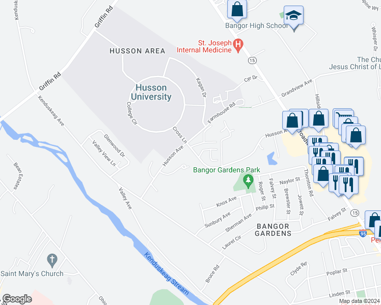 map of restaurants, bars, coffee shops, grocery stores, and more near 123 Husson Avenue in Bangor