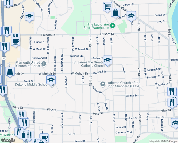 map of restaurants, bars, coffee shops, grocery stores, and more near 2435 14th Street in Eau Claire