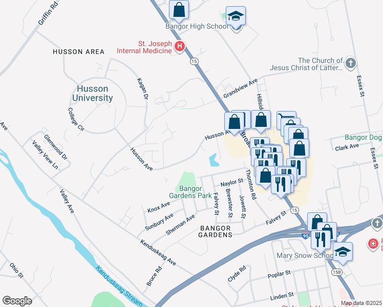 map of restaurants, bars, coffee shops, grocery stores, and more near 302 Husson Avenue in Bangor