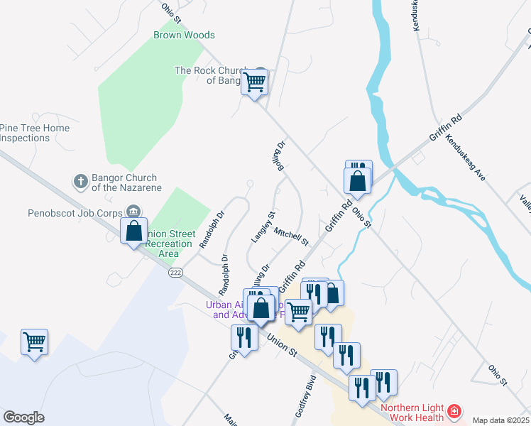 map of restaurants, bars, coffee shops, grocery stores, and more near 102 Langley Street in Bangor