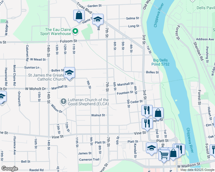 map of restaurants, bars, coffee shops, grocery stores, and more near 699 Marshall Street in Eau Claire