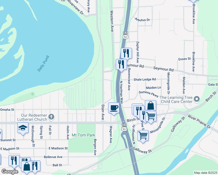 map of restaurants, bars, coffee shops, grocery stores, and more near 840 Evergreen Street in Eau Claire