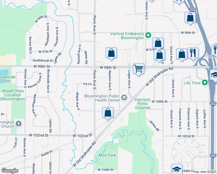 map of restaurants, bars, coffee shops, grocery stores, and more near 9900 Newton Avenue South in Minneapolis