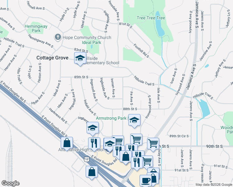 map of restaurants, bars, coffee shops, grocery stores, and more near 8644 Inman Avenue South in Cottage Grove