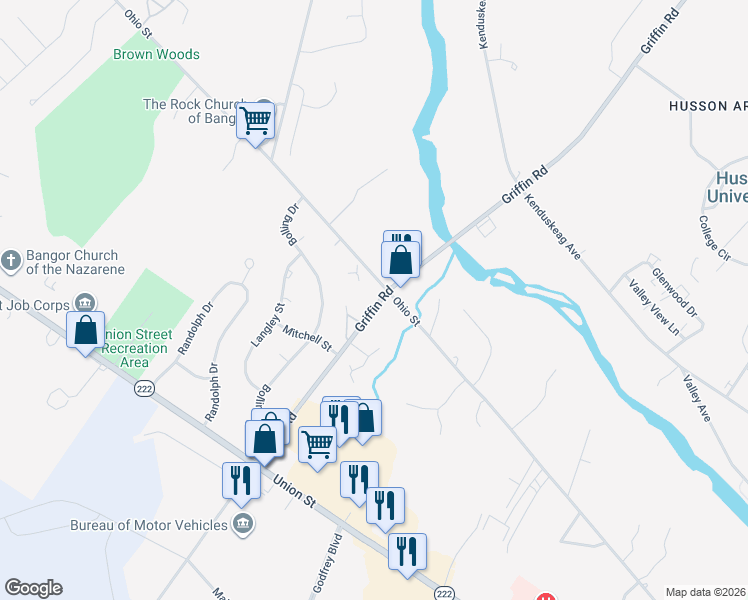 map of restaurants, bars, coffee shops, grocery stores, and more near 165 Griffin Road in Bangor