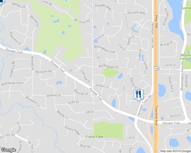 map of restaurants, bars, coffee shops, grocery stores, and more near 10397 Balsam Lane in Eden Prairie
