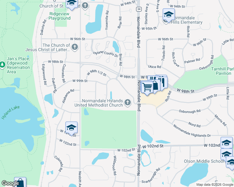 map of restaurants, bars, coffee shops, grocery stores, and more near 9900 Briar Road in Bloomington