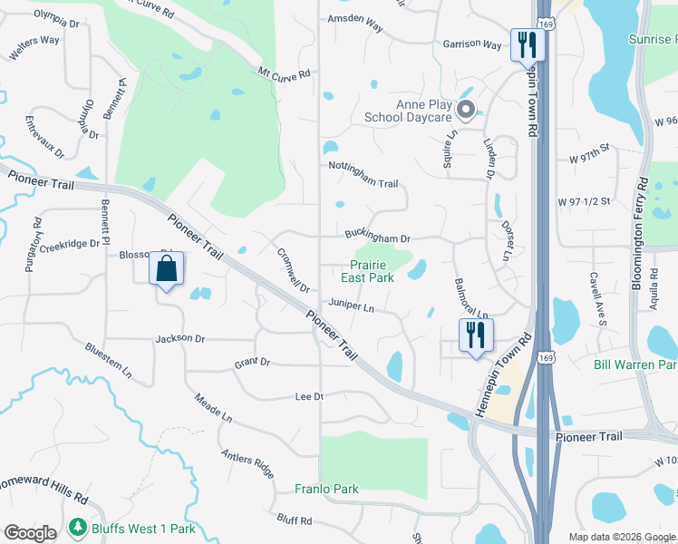map of restaurants, bars, coffee shops, grocery stores, and more near 10386 Balsam Lane in Eden Prairie