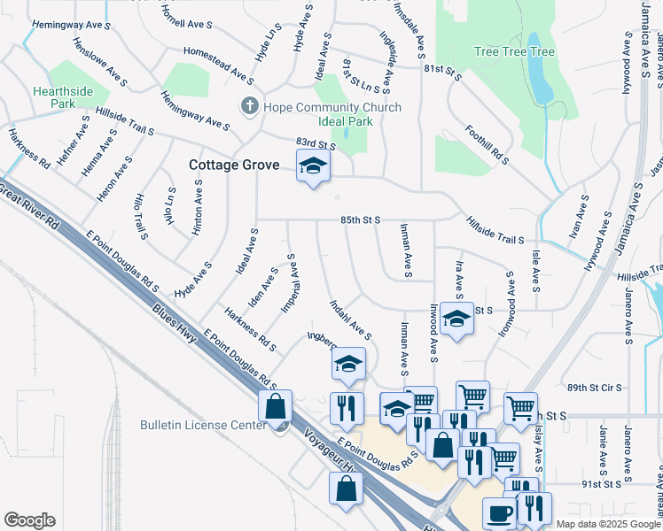 map of restaurants, bars, coffee shops, grocery stores, and more near 8634 Ingersoll Avenue South in Cottage Grove