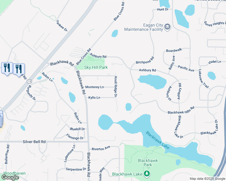 map of restaurants, bars, coffee shops, grocery stores, and more near 1720 Monterey Lane in Eagan