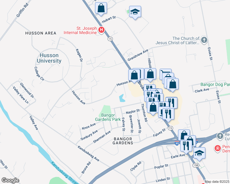 map of restaurants, bars, coffee shops, grocery stores, and more near 6 Garrison Way in Bangor