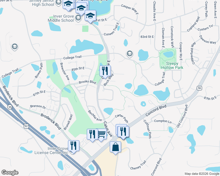 map of restaurants, bars, coffee shops, grocery stores, and more near 8648 Callahan Trail in Inver Grove Heights