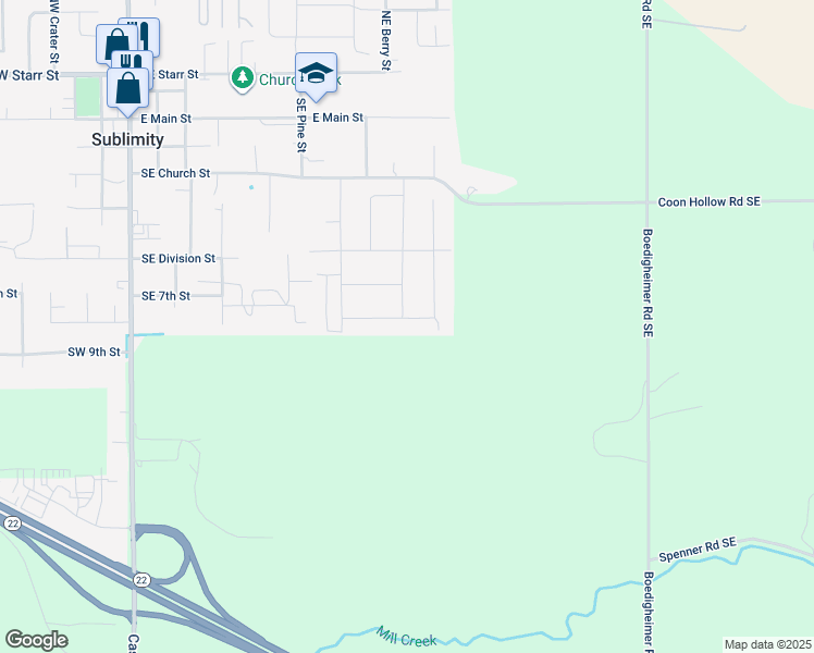 map of restaurants, bars, coffee shops, grocery stores, and more near 742 Southeast Appaloosa Street in Sublimity