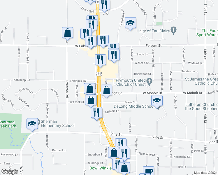 map of restaurants, bars, coffee shops, grocery stores, and more near 2415 Jodi Drive in Eau Claire